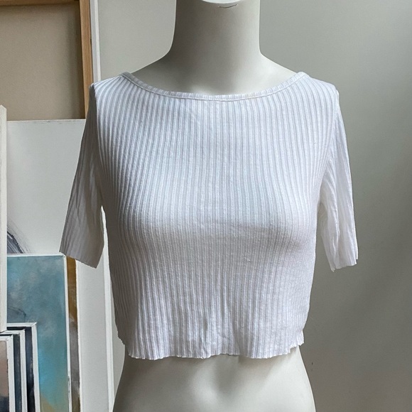 TOPSHOP Crop Top White Boatneck Short Sleeve Ribbed Lightweight Small - Picture 3 of 10